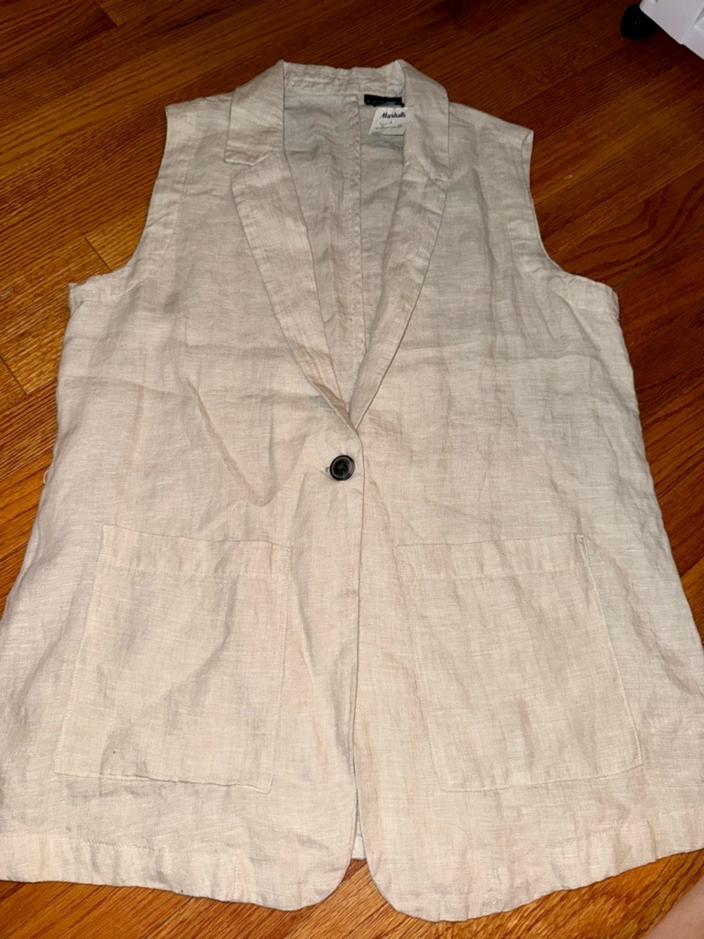 Tahari 100% Linen Vest Longline Single Button Beige Size Large Sleeveless